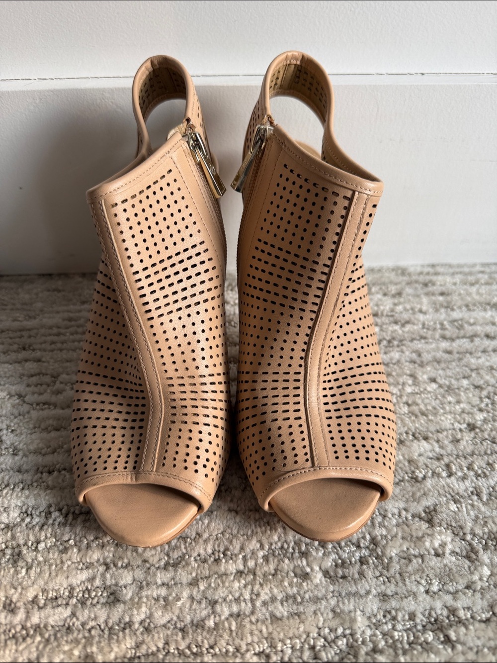 Ann Taylor Perforated Peep-Toe Slingback Mules in Beige